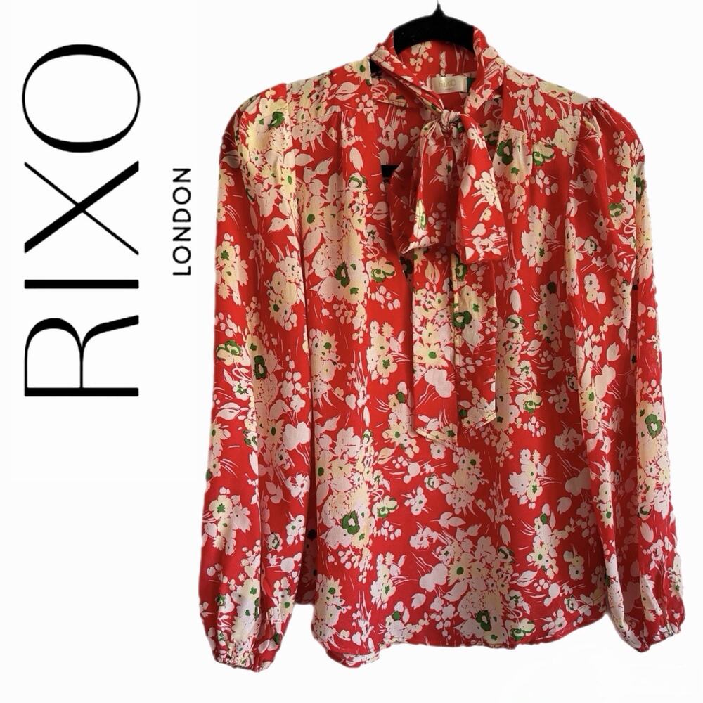 RIXO London Moss Bunch Floral 100% Silk Tie-Neck Blouse Red/Cream XS